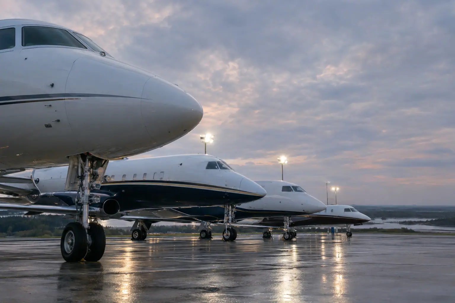 Business jets of different sizes on a ramp