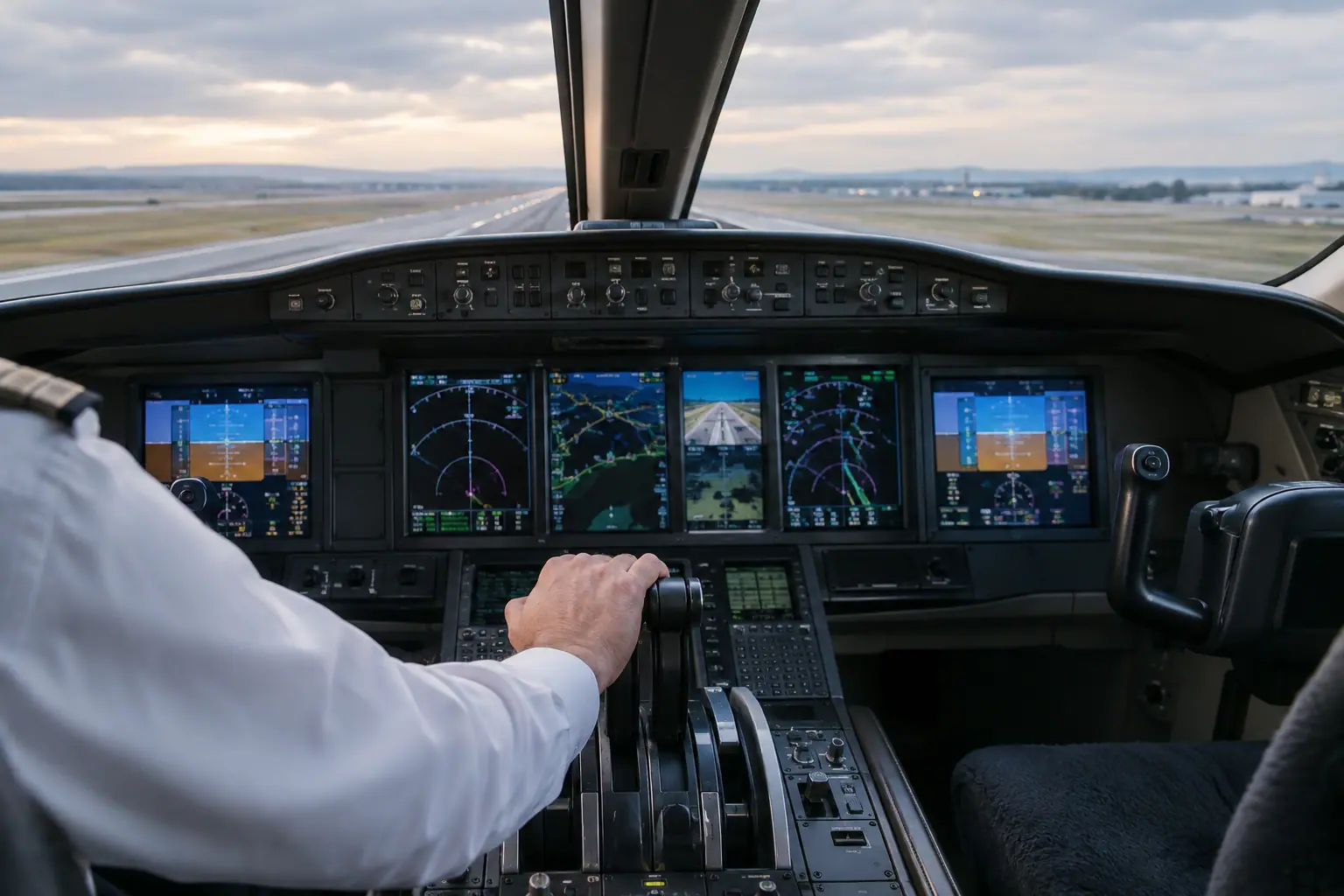 Business jet cockpit before departure