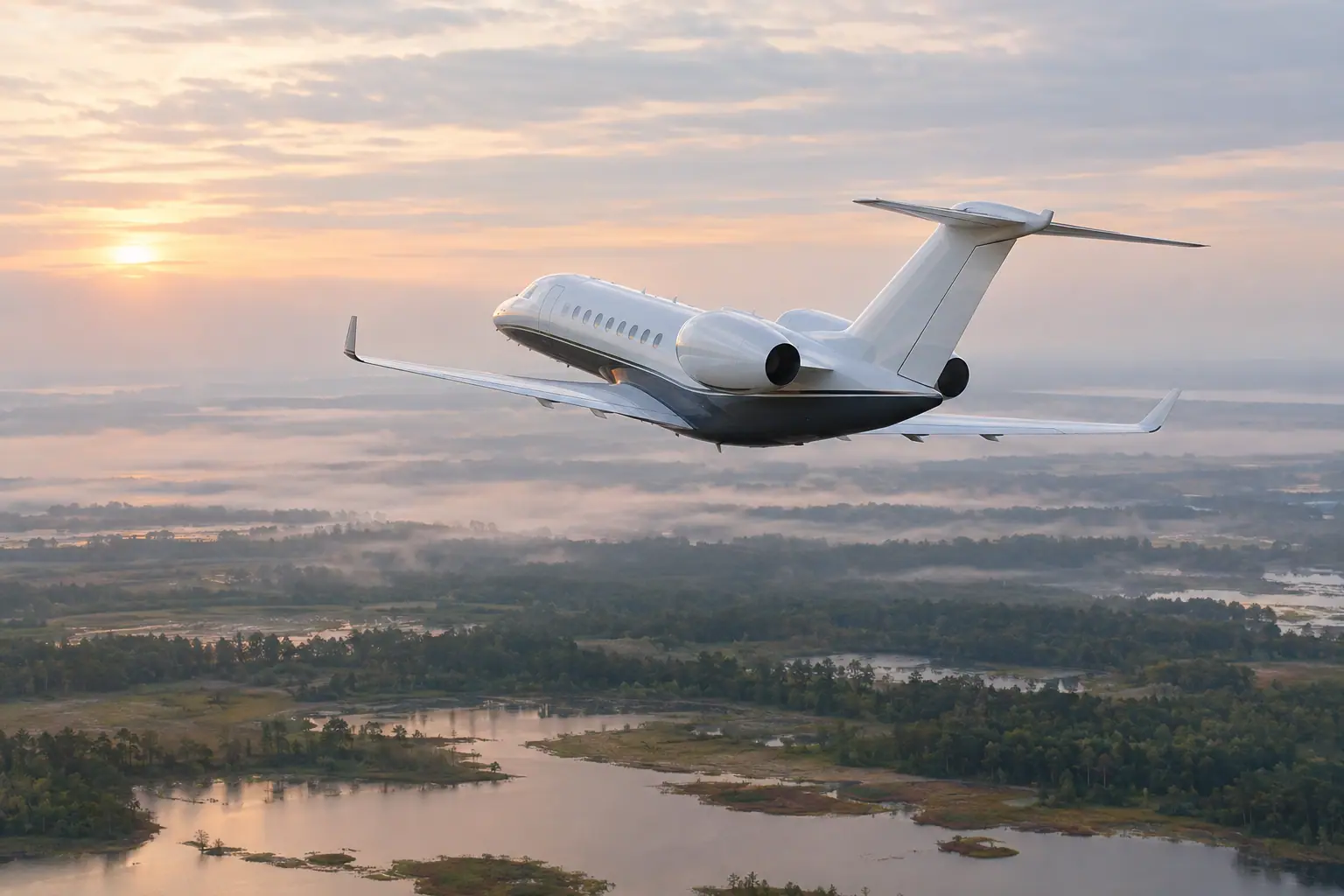 Private jet climbing out over Houston